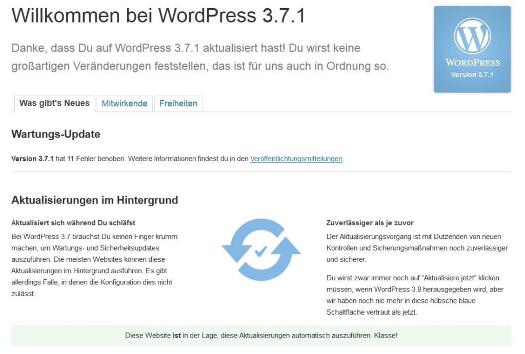 Dashboard-Ansicht nach dem Update auf WordPress 3.7.1