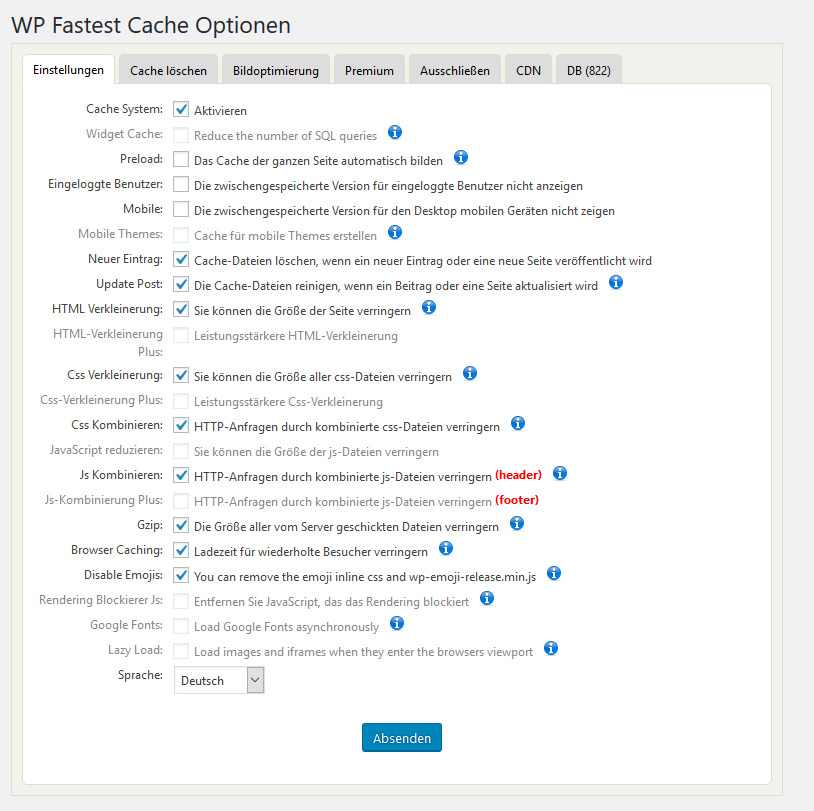 Screenshot - Einstellungen für WP Fastest Cache zur Verbesserung der Performance bei der WordPress Suchmaschinenoptimierung
